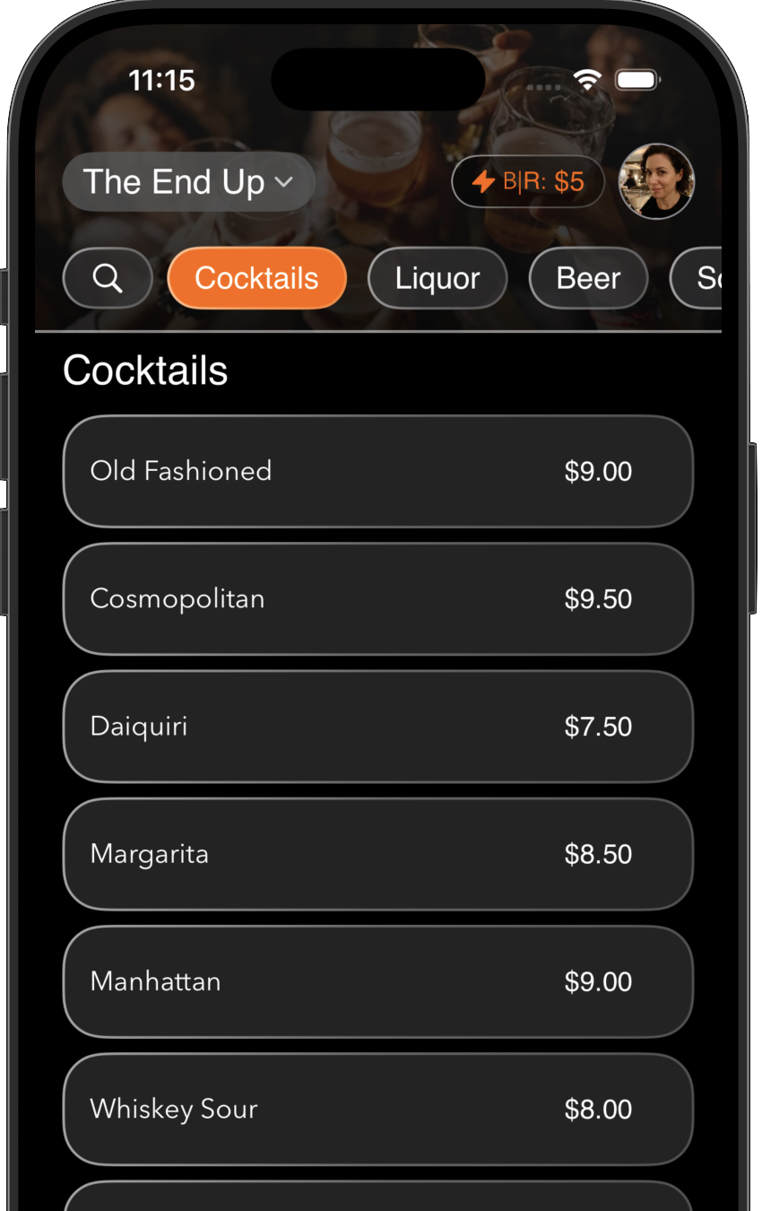 Bar Runner venue list and menu