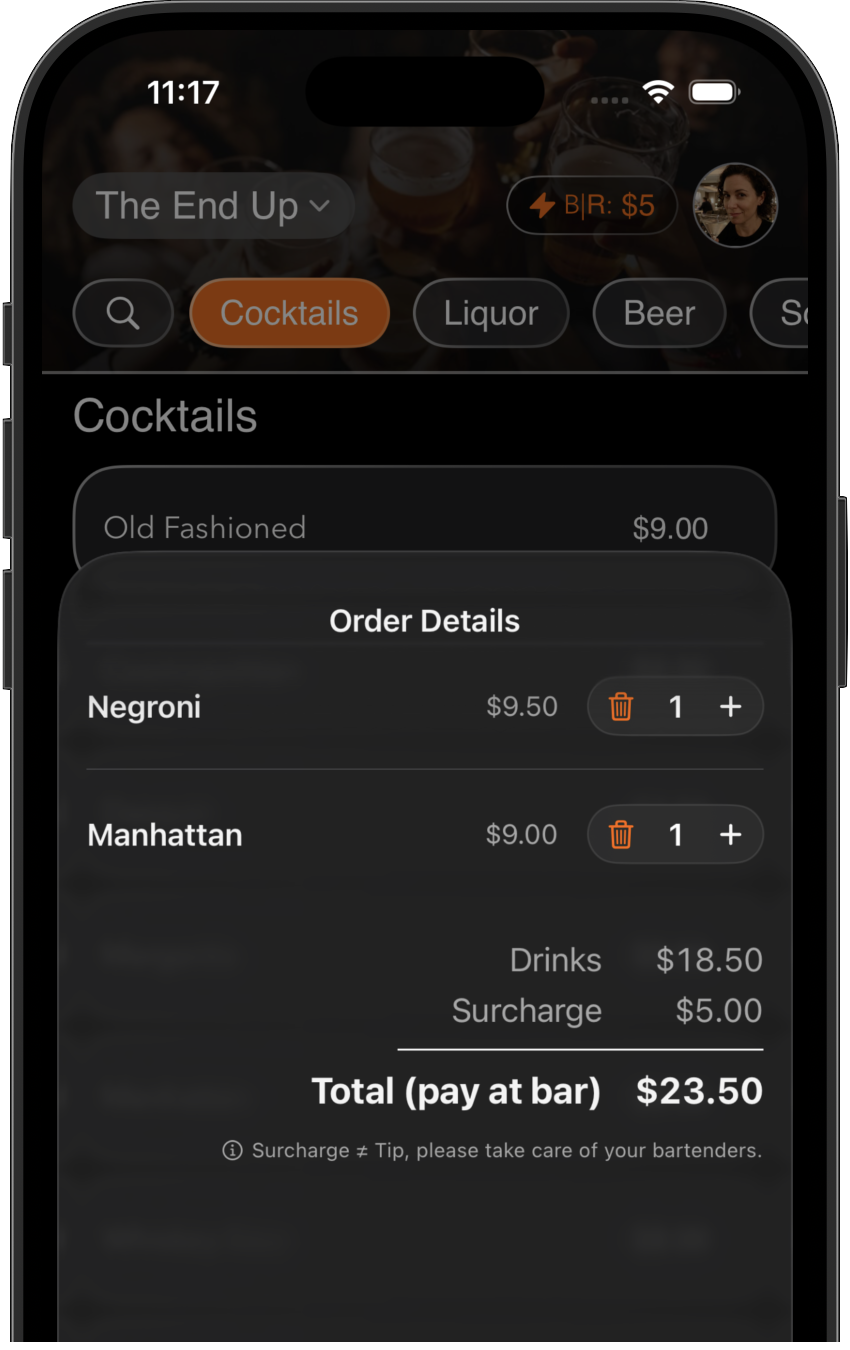 Bar Runner cocktail ordering and checkout